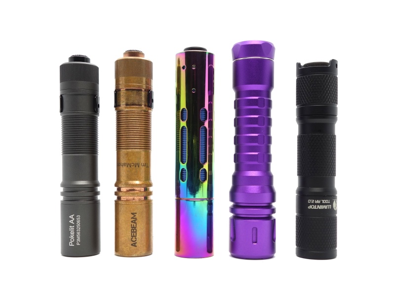 Acebeam Pokelit AA Gray, Acebeam Pokelit AA Copper, Acebeam Rider RX Rainbow PVD, ReyLight LANapple Purple, Lumintop Tool AA 2.0