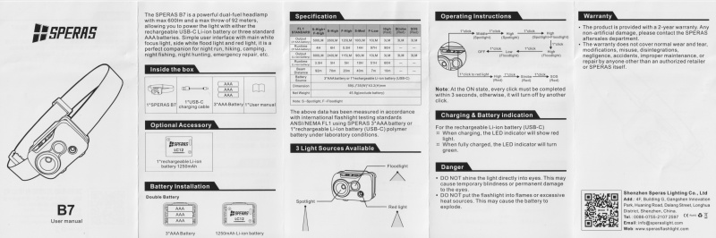 SPERAS B7 user manual